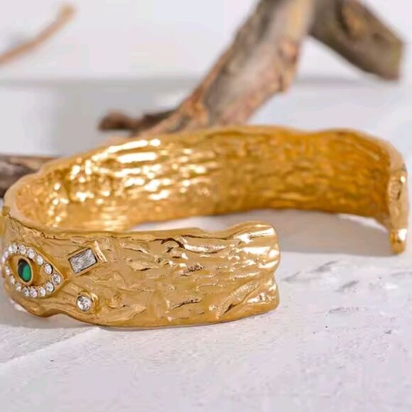 New ANTHRO Malachite 18k Gold Ss Evil Eye Protection Bangle Bracelet - Picture 7 of 12